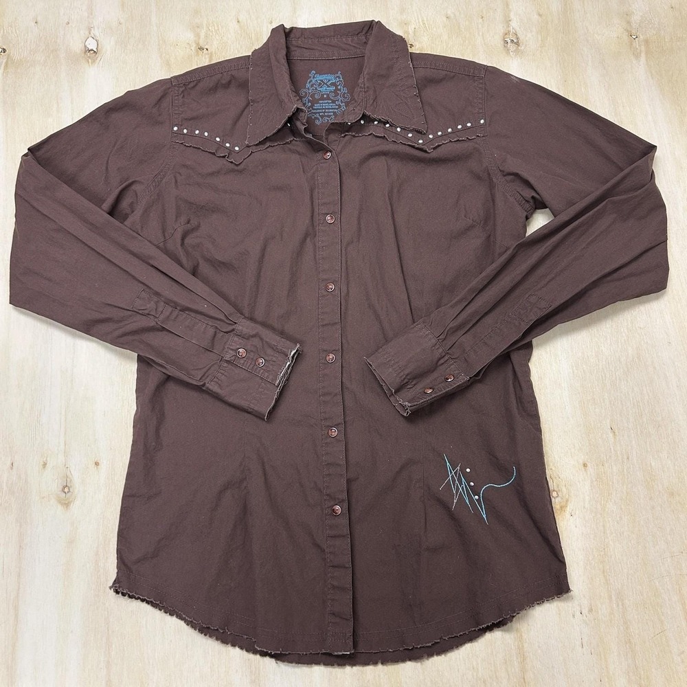 Y2K Twenty X Shirt Womens Medium Brown Studded Western Button Up Long Sleeve